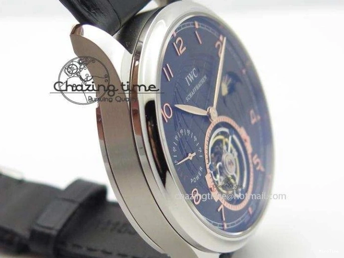 MIROTIME 0428 Portuguese Tourbillon Power Reserve Moonphase SS Black Dial Gold Numbers On Black Leather Strap RelaxedFit 7320